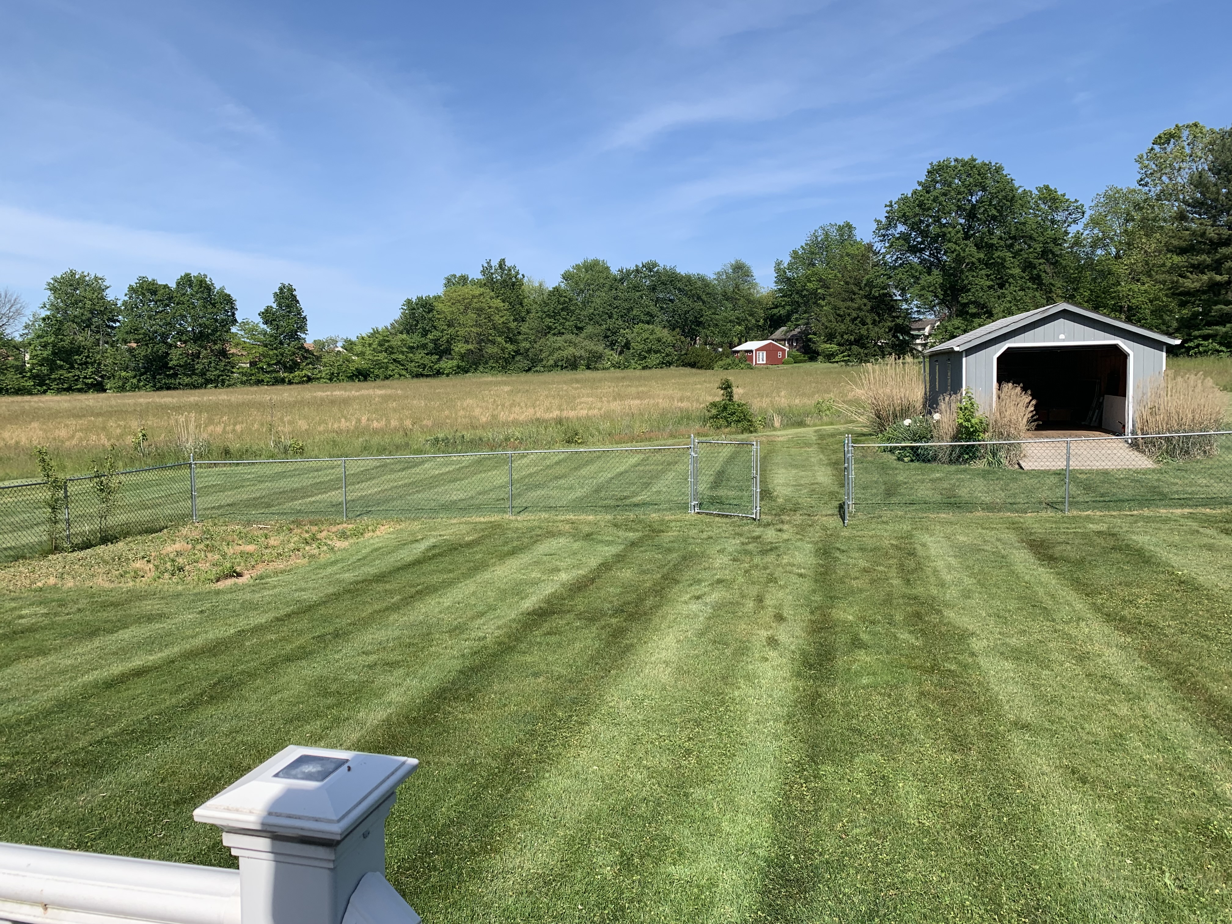 Country property backyard with clean stripes